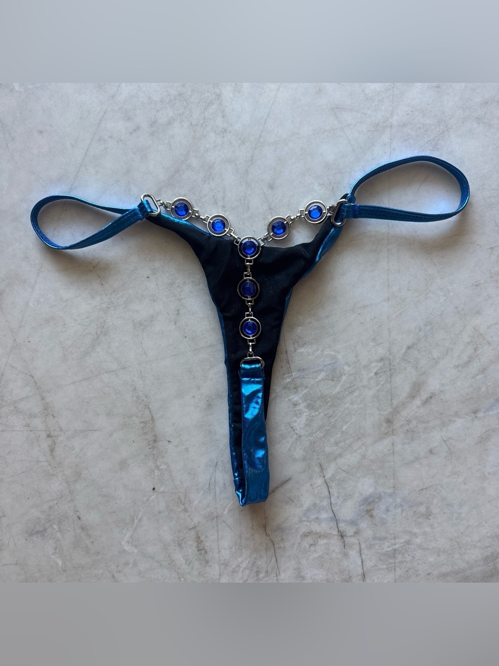 Blue metallic jeweled thong bikini bottom